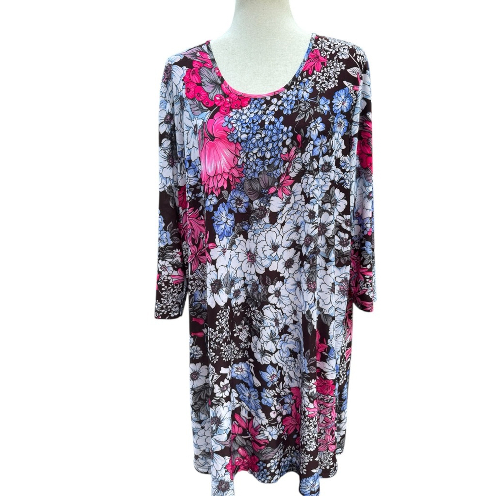 Ulla Popken Floral Tunic Top Dress 16/18 Scoop Neck Pink Blue Stretchy Plus